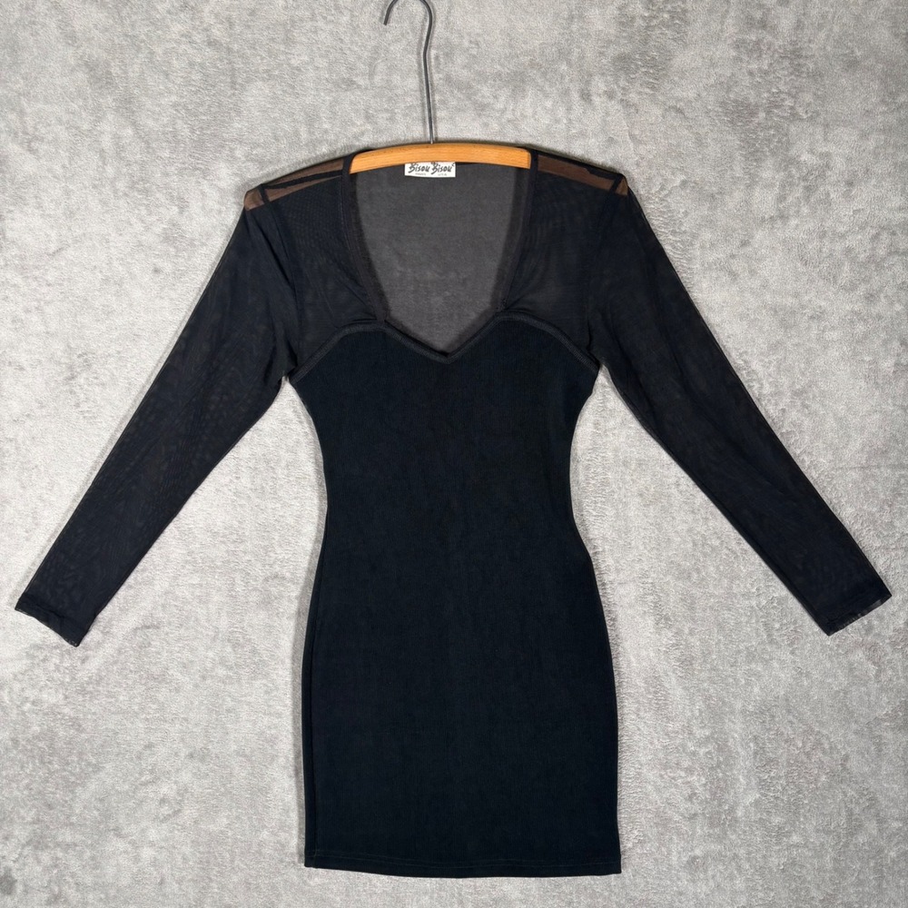 Bisou Bisou Black Sheer Mesh Sweetheart Bodycon Mini Dress Fits XS Goth Rave Y2K